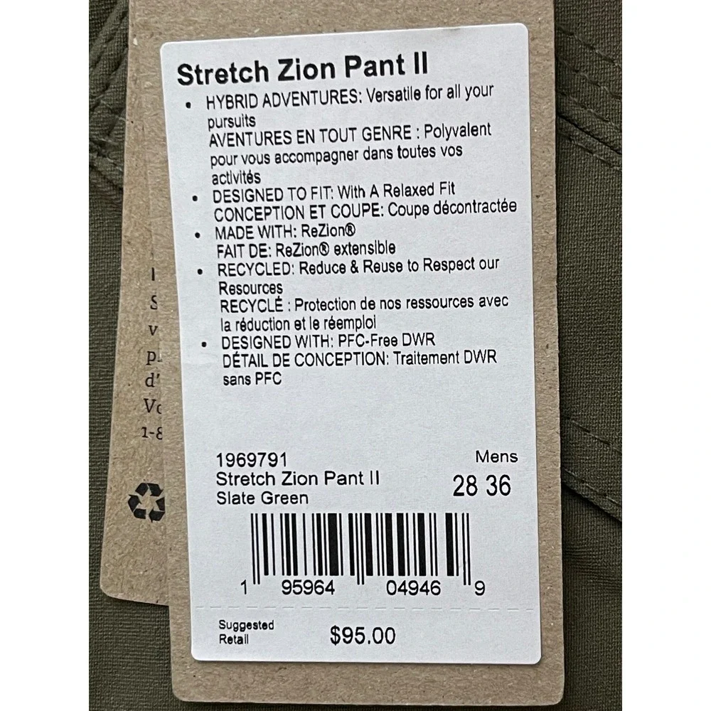 PRANA Stretch Zion Pant II 28x36 Slate Green NEW Straight Leg Gorpcore Relaxed